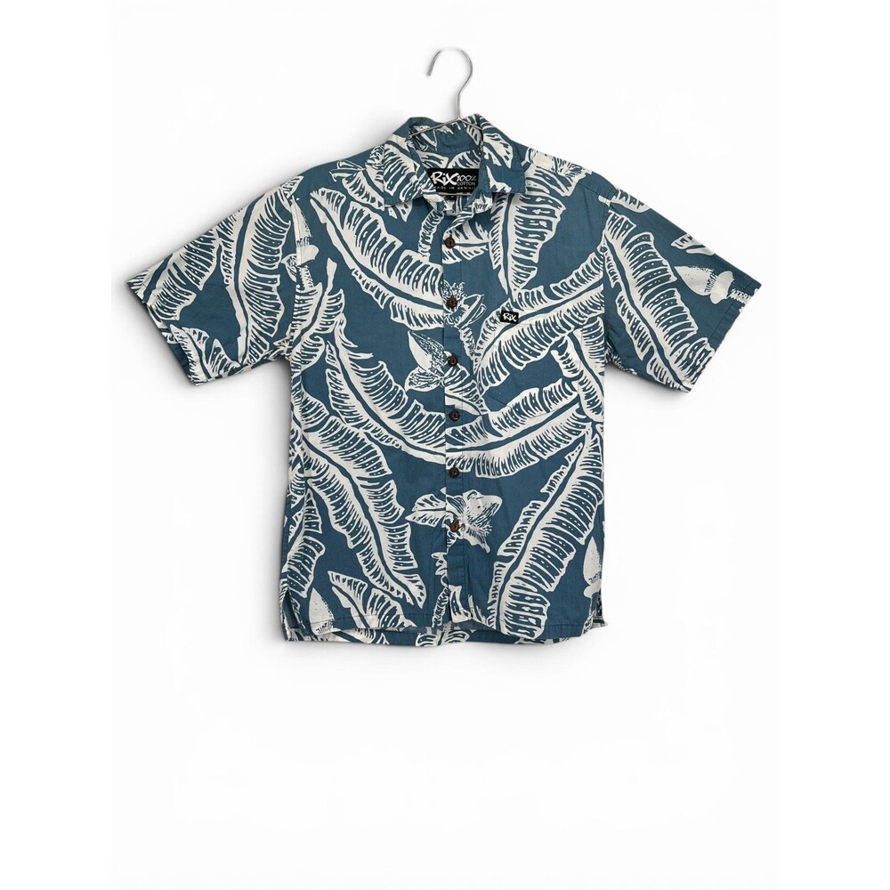 Rix Aloha Hawaiian Shirt Mens Blue Button Up Ukelele Hybiscus Leaf -S